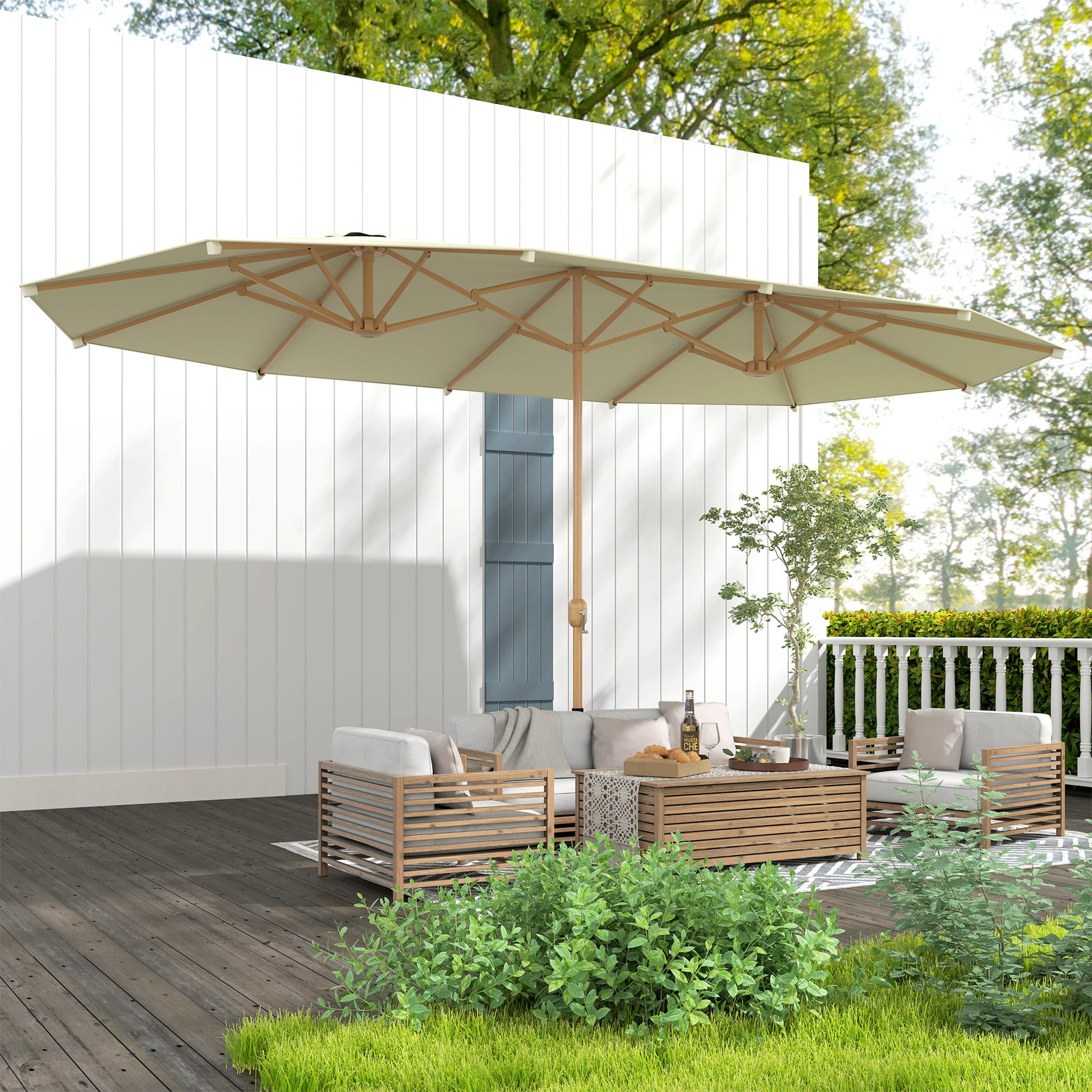 Double Sun Umbrella 4.55x2.65 m Patio Umbrella with Manual Crank Water-Resistant and Sun Protection Large Umbrella for Patio Beach Pool Beige