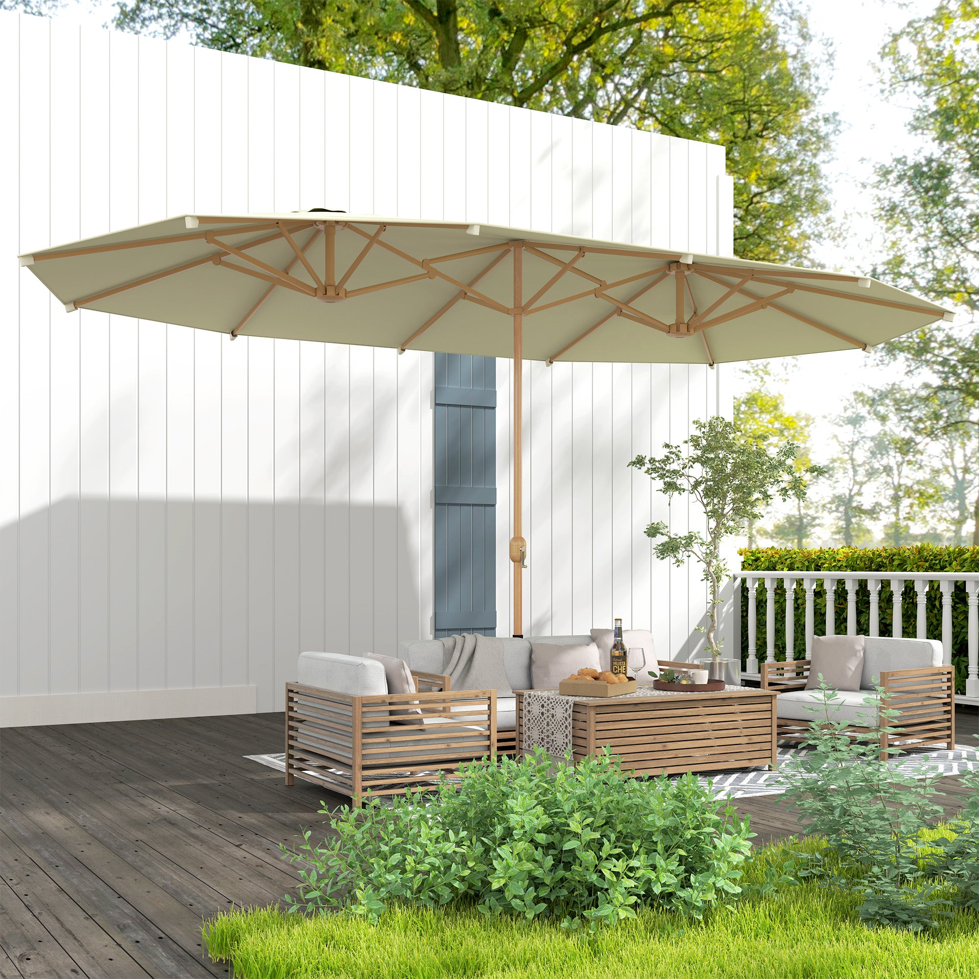 Double Sun Umbrella 4.55x2.65 m Patio Umbrella with Manual Crank Water-Resistant and Sun Protection Large Umbrella for Patio Beach Pool Beige