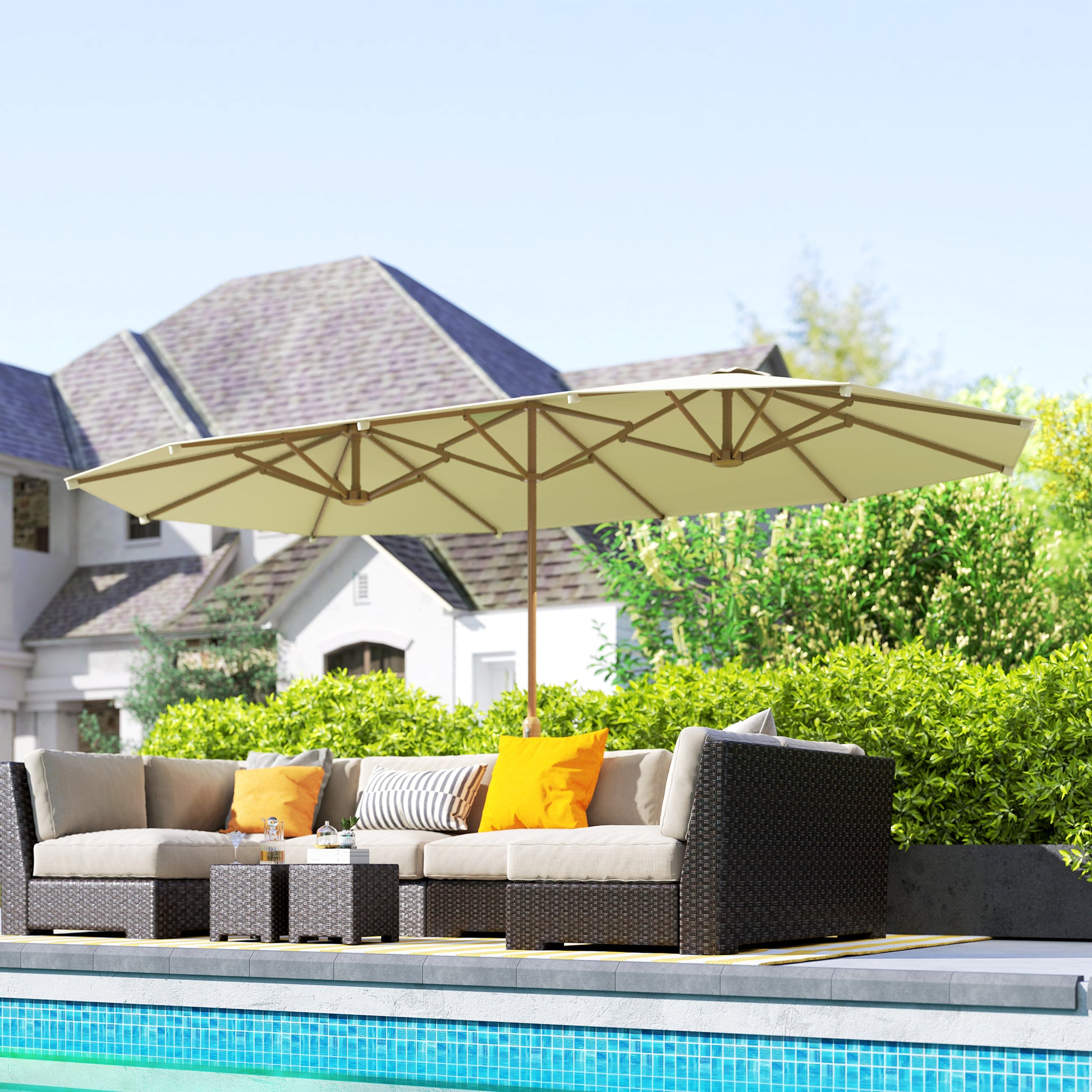 Double Sun Umbrella 4.55x2.65 m Patio Umbrella with Manual Crank Water-Resistant and Sun Protection Large Umbrella for Patio Beach Pool Beige