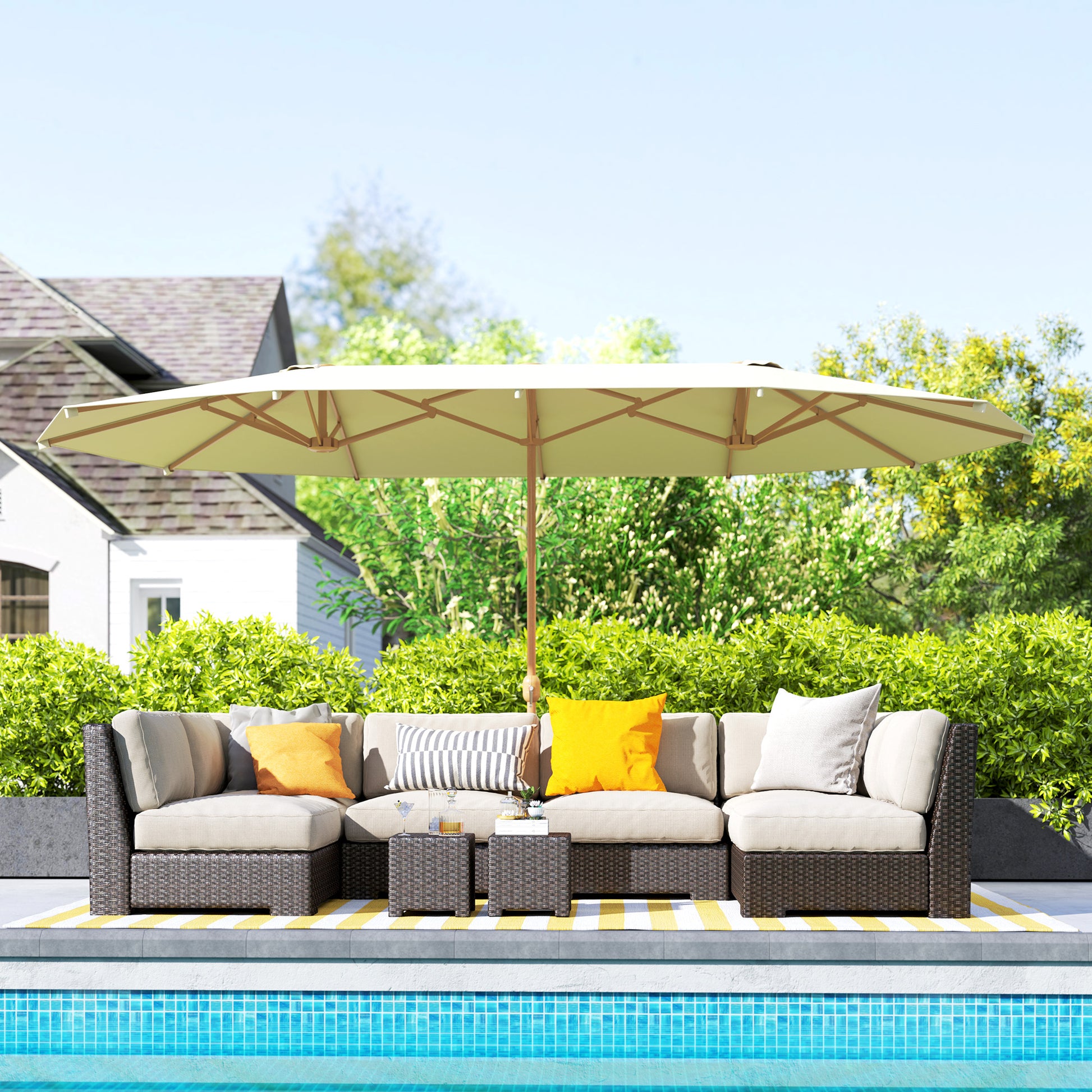 Double Sun Umbrella 4.55x2.65 m Patio Umbrella with Manual Crank Water-Resistant and Sun Protection Large Umbrella for Patio Beach Pool Beige
