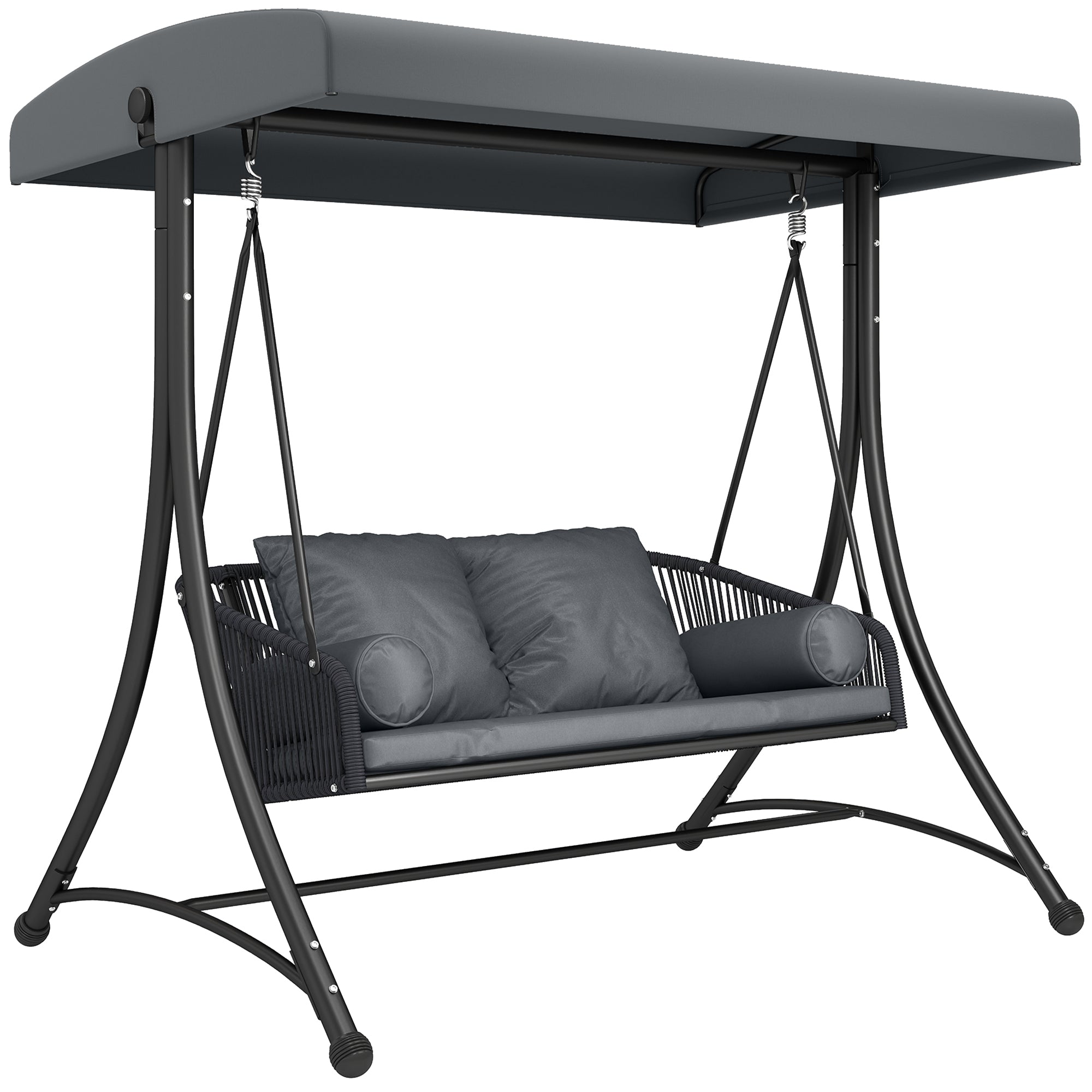 Rattan Hollywood Swing — 2-Seater Patio Bench with Adjustable Canopy & Cushions, A-Frame, Supports 529 lb, 70.1 x 47.2 x 67.7 in (Dark Gray)