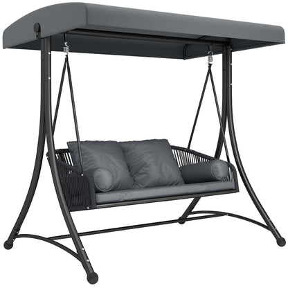 Rattan Hollywood Swing — 2-Seater Patio Bench with Adjustable Canopy & Cushions, A-Frame, Supports 529 lb, 70.1 x 47.2 x 67.7 in (Dark Gray)