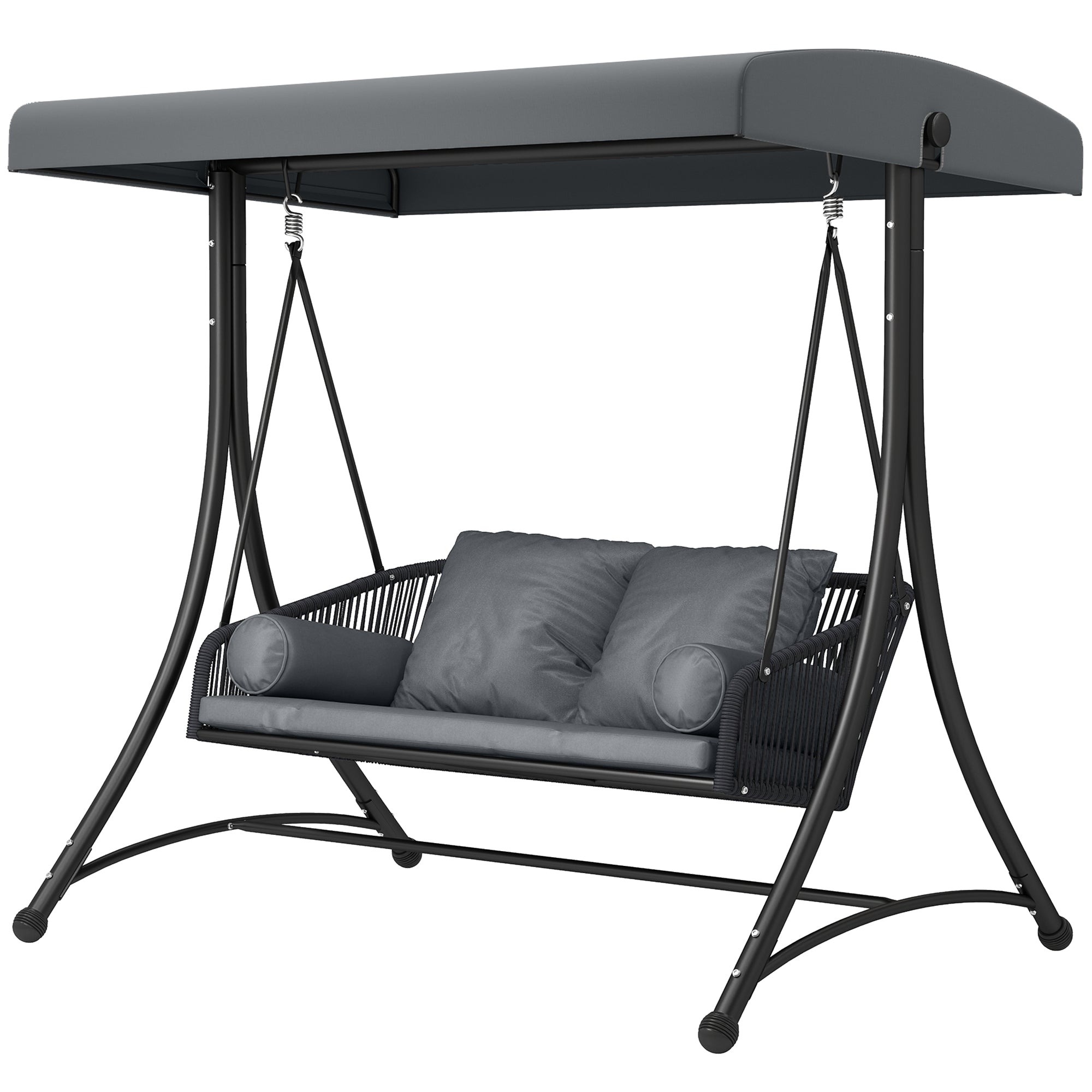 Rattan Hollywood Swing — 2-Seater Patio Bench with Adjustable Canopy & Cushions, A-Frame, Supports 529 lb, 70.1 x 47.2 x 67.7 in (Dark Gray)