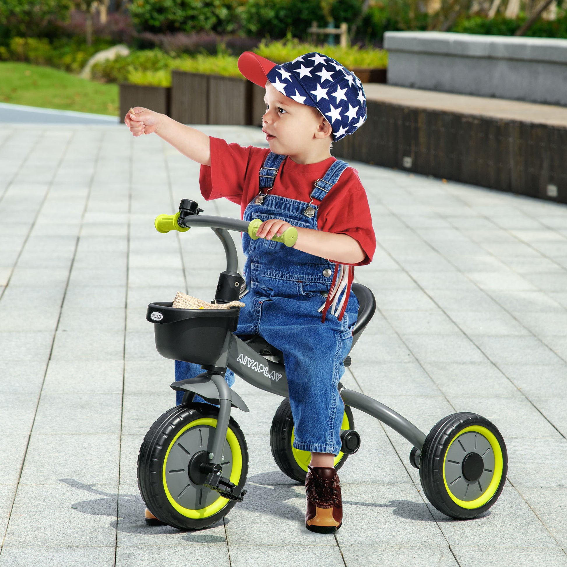 Kids Tricycle for 2-5 Years Old Children with Adjustable Seat Basket Bell Pedals and 3 Wheels Load 25 kg 70.5x53x58 cm Gray and Green