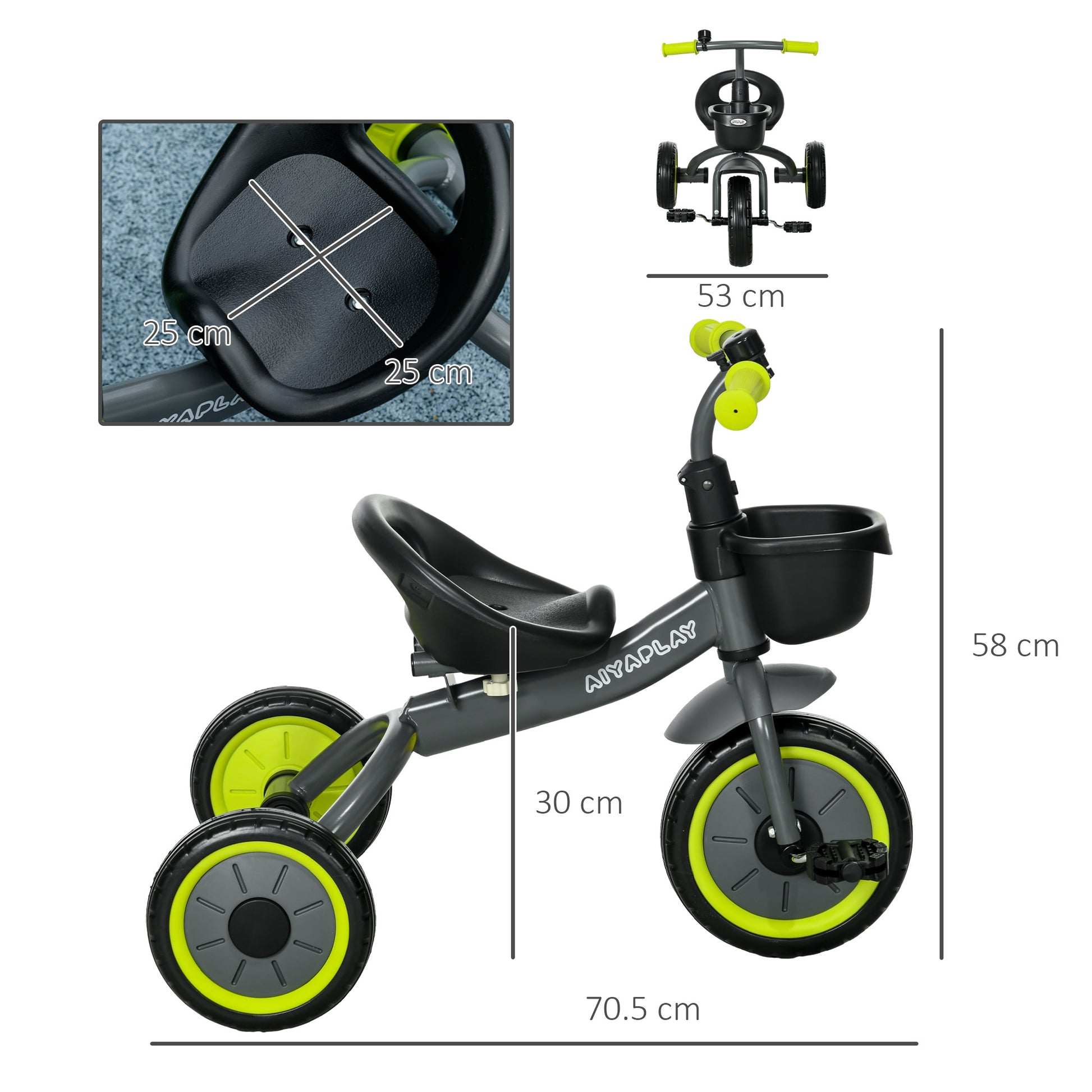 Kids Tricycle for 2-5 Years Old Children with Adjustable Seat Basket Bell Pedals and 3 Wheels Load 25 kg 70.5x53x58 cm Gray and Green