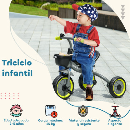 Kids Tricycle for 2-5 Years Old Children with Adjustable Seat Basket Bell Pedals and 3 Wheels Load 25 kg 70.5x53x58 cm Gray and Green