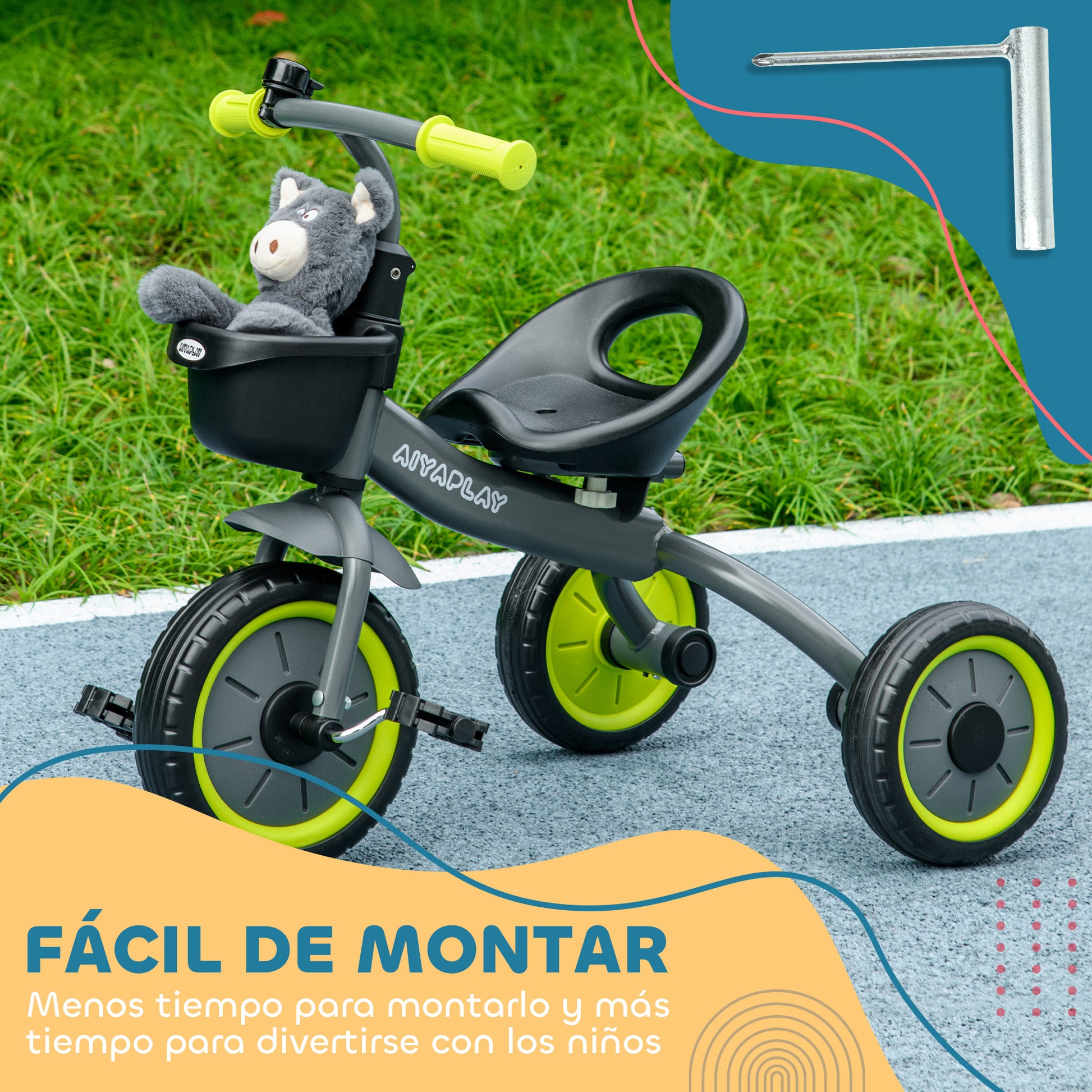 Kids Tricycle for 2-5 Years Old Children with Adjustable Seat Basket Bell Pedals and 3 Wheels Load 25 kg 70.5x53x58 cm Gray and Green