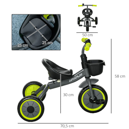 Kids Tricycle for 2-5 Years Old Children with Adjustable Seat Basket Bell Pedals and 3 Wheels Load 25 kg 70.5x53x58 cm Gray and Green