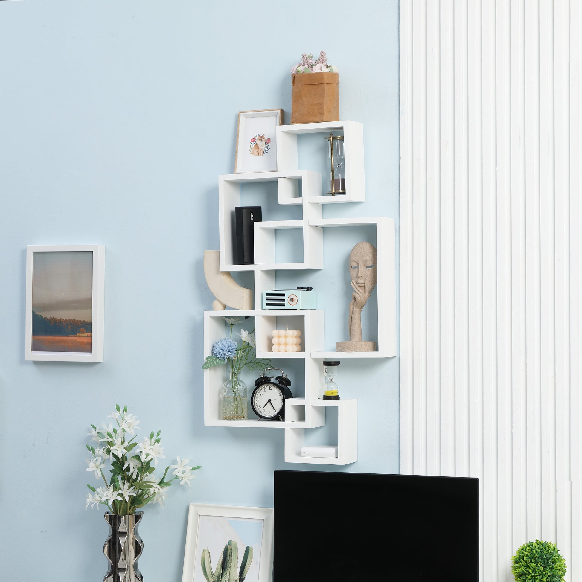 Wall Shelf Floating Hanging Shelf for Wall Storage Wall Board with 9 Compartments Wall Decor for Living Room, Bedroom, Hallway, White