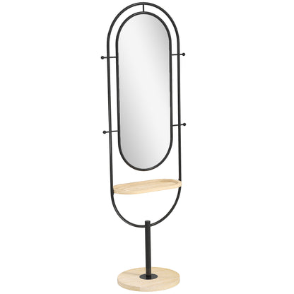 Oval Freestanding Mirror with Wooden Shelf, 4 Hooks, Metal Frame, for Bedroom, Living Room, and Dressing Room, 50 x 40 x 175.5 cm, Black