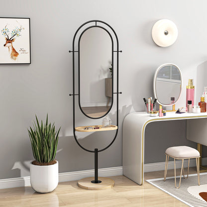 Oval Freestanding Mirror with Wooden Shelf, 4 Hooks, Metal Frame, for Bedroom, Living Room, and Dressing Room, 50 x 40 x 175.5 cm, Black