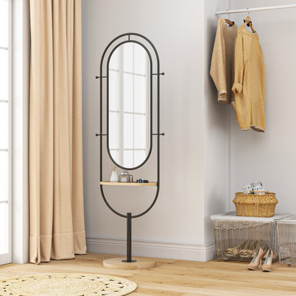 Oval Freestanding Mirror with Wooden Shelf, 4 Hooks, Metal Frame, for Bedroom, Living Room, and Dressing Room, 50 x 40 x 175.5 cm, Black