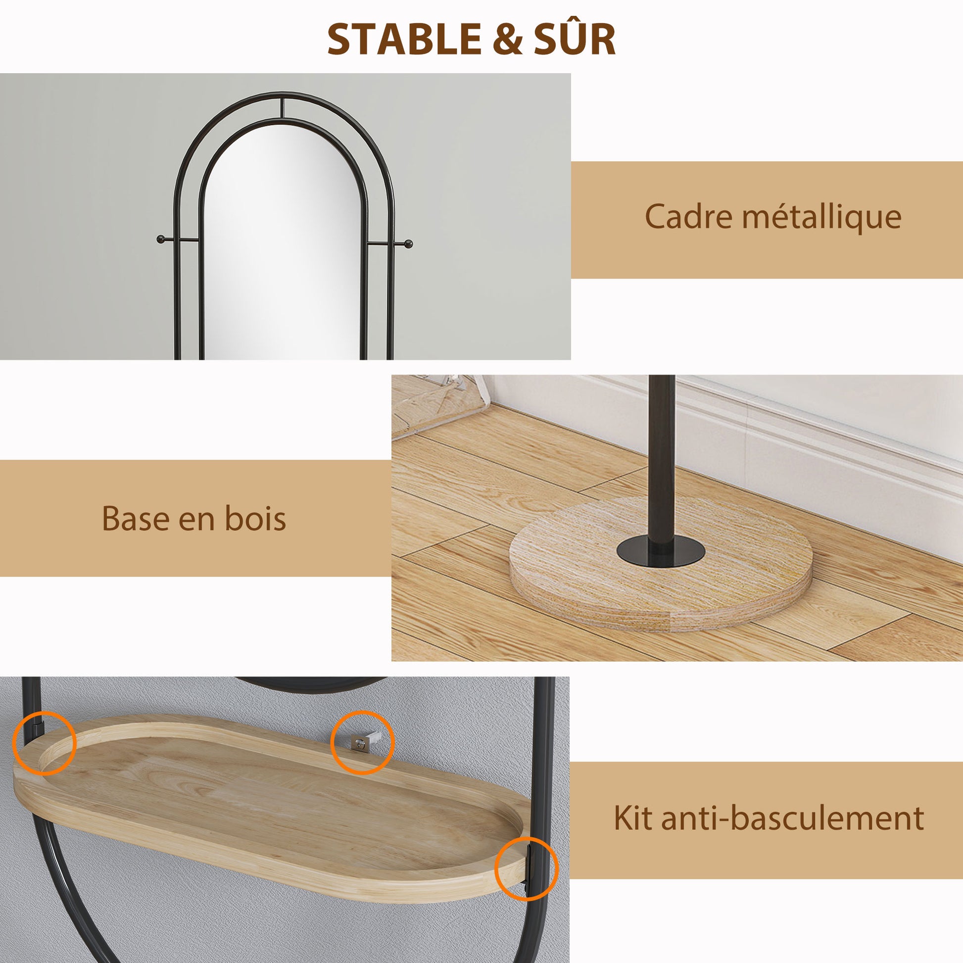 Oval Freestanding Mirror with Wooden Shelf, 4 Hooks, Metal Frame, for Bedroom, Living Room, and Dressing Room, 50 x 40 x 175.5 cm, Black