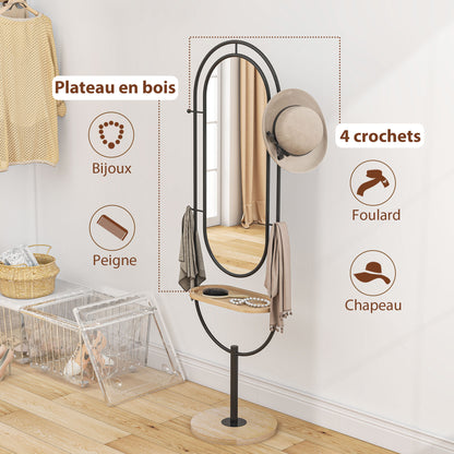 Oval Freestanding Mirror with Wooden Shelf, 4 Hooks, Metal Frame, for Bedroom, Living Room, and Dressing Room, 50 x 40 x 175.5 cm, Black