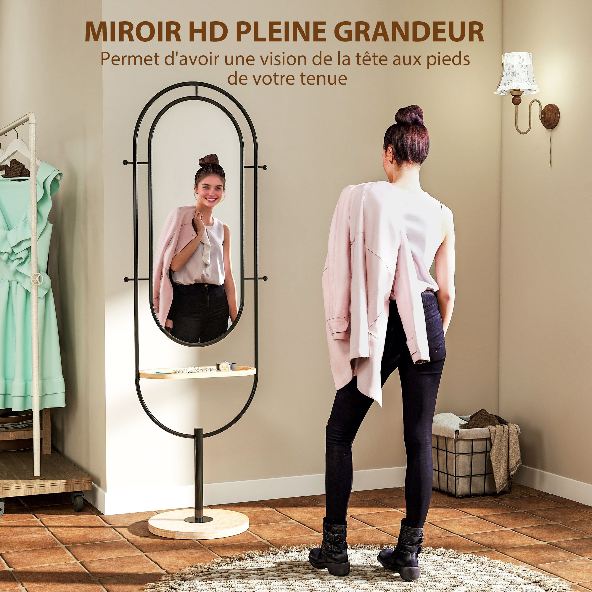 Oval Freestanding Mirror with Wooden Shelf, 4 Hooks, Metal Frame, for Bedroom, Living Room, and Dressing Room, 50 x 40 x 175.5 cm, Black