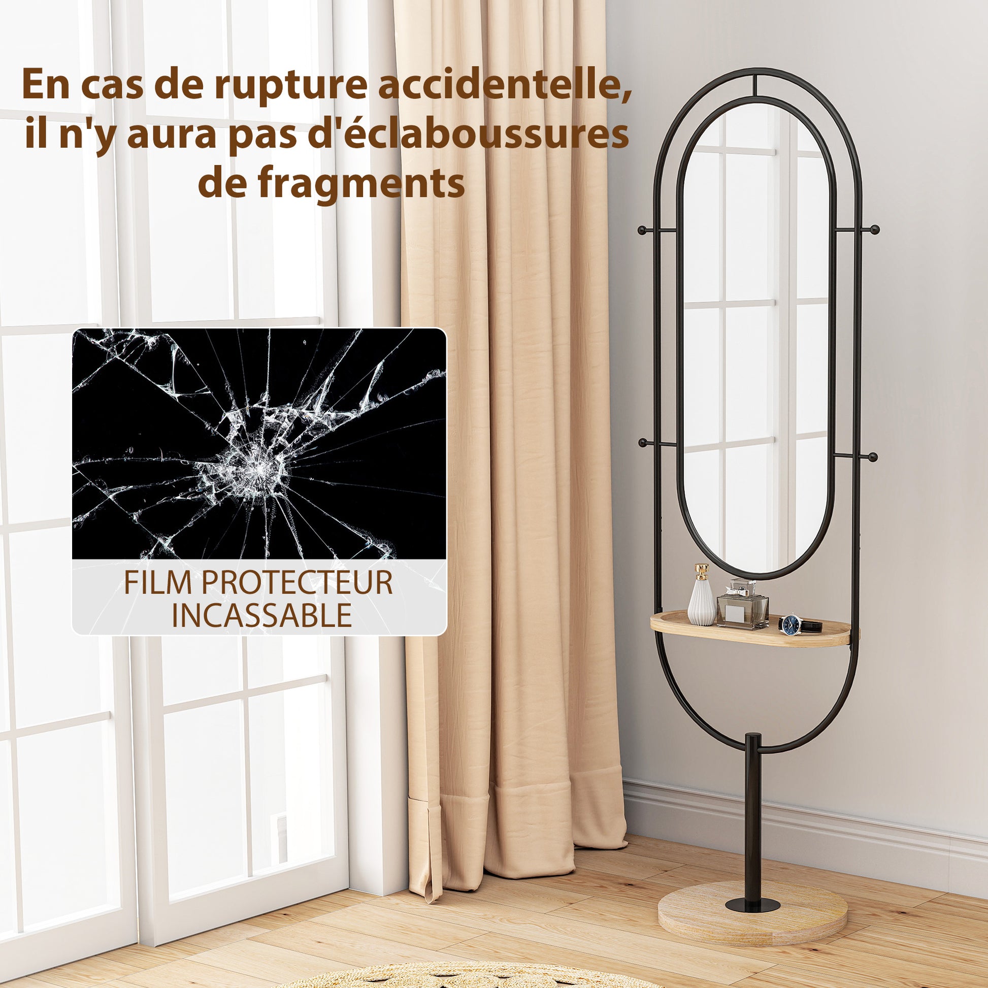 Oval Freestanding Mirror with Wooden Shelf, 4 Hooks, Metal Frame, for Bedroom, Living Room, and Dressing Room, 50 x 40 x 175.5 cm, Black