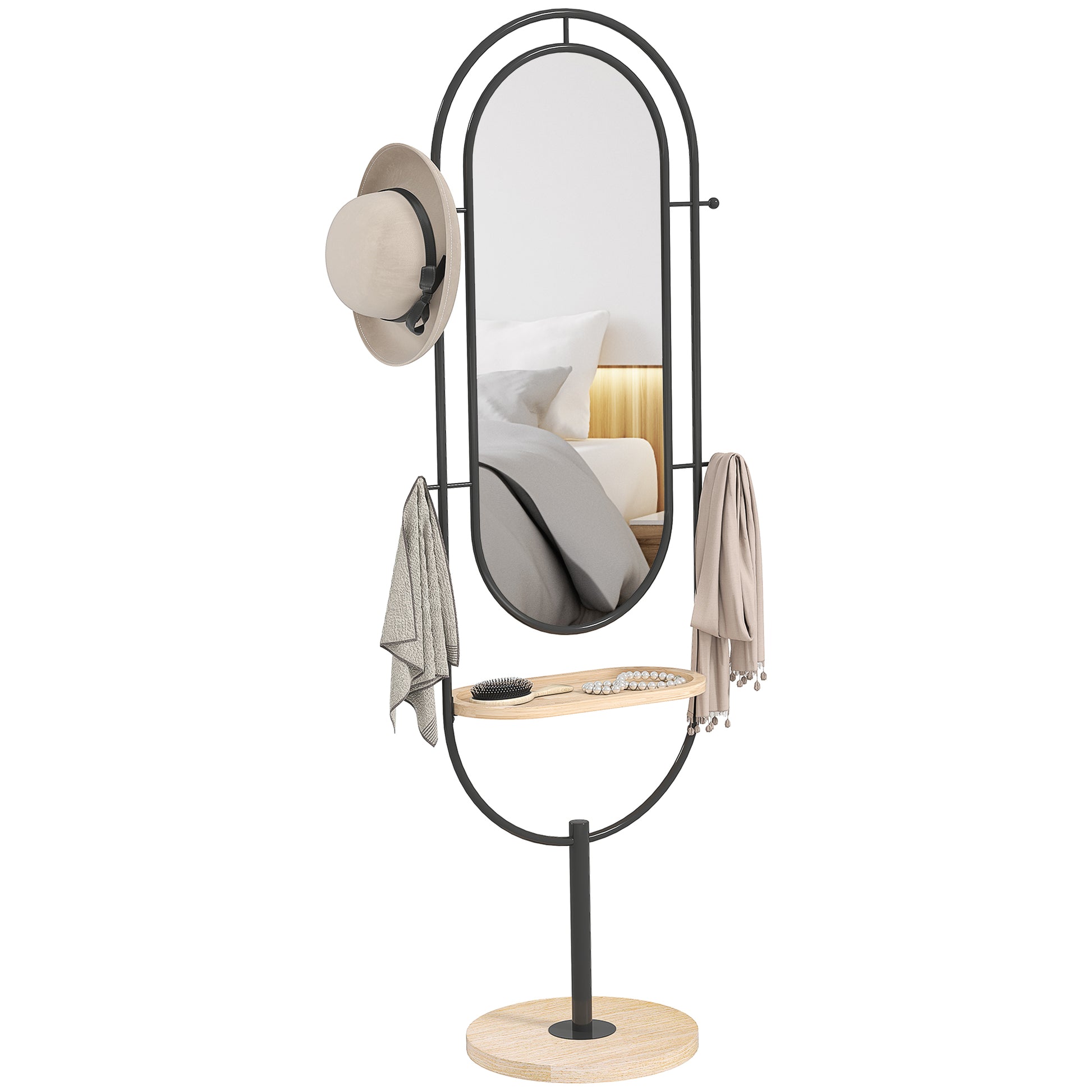 Oval Freestanding Mirror with Wooden Shelf, 4 Hooks, Metal Frame, for Bedroom, Living Room, and Dressing Room, 50 x 40 x 175.5 cm, Black