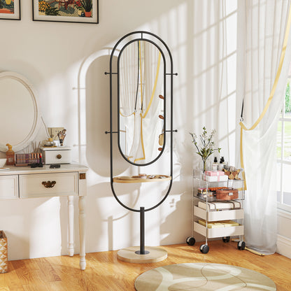 Oval Freestanding Mirror with Wooden Shelf, 4 Hooks, Metal Frame, for Bedroom, Living Room, and Dressing Room, 50 x 40 x 175.5 cm, Black