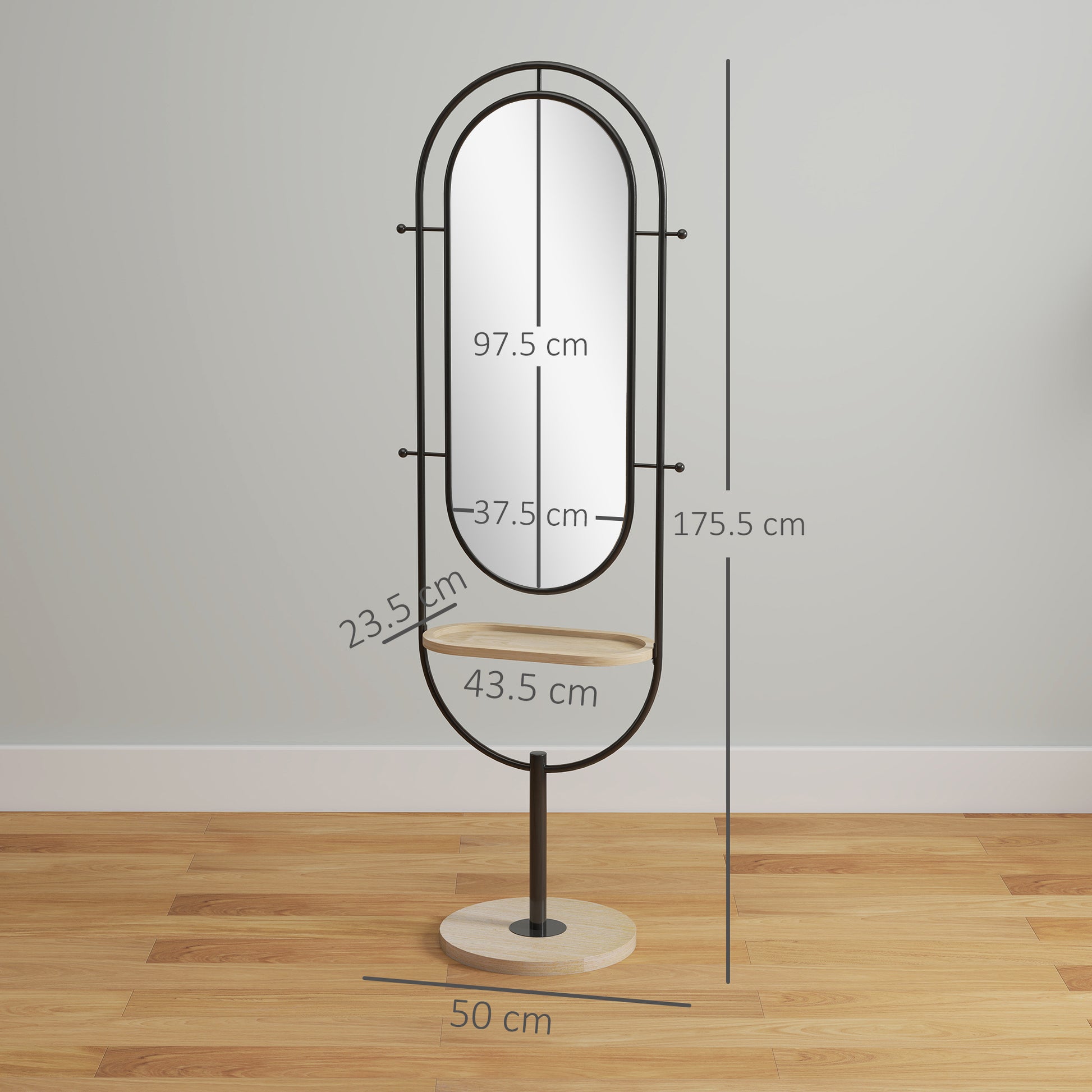 Oval Freestanding Mirror with Wooden Shelf, 4 Hooks, Metal Frame, for Bedroom, Living Room, and Dressing Room, 50 x 40 x 175.5 cm, Black