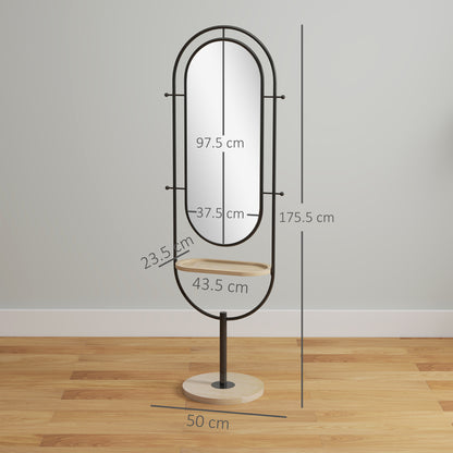 Oval Freestanding Mirror with Wooden Shelf, 4 Hooks, Metal Frame, for Bedroom, Living Room, and Dressing Room, 50 x 40 x 175.5 cm, Black