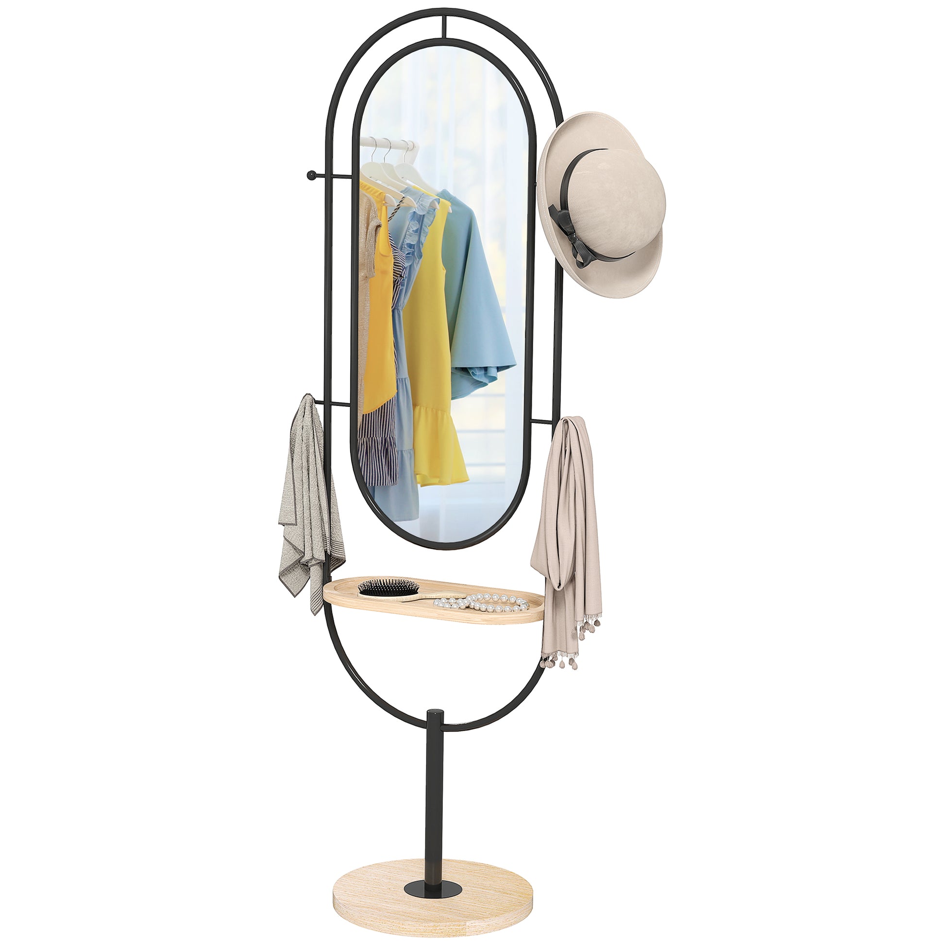 Oval Freestanding Mirror with Wooden Shelf, 4 Hooks, Metal Frame, for Bedroom, Living Room, and Dressing Room, 50 x 40 x 175.5 cm, Black