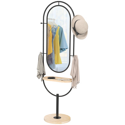 Oval Freestanding Mirror with Wooden Shelf, 4 Hooks, Metal Frame, for Bedroom, Living Room, and Dressing Room, 50 x 40 x 175.5 cm, Black