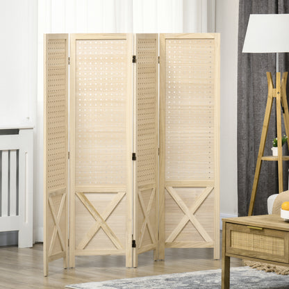 4 Panel Room Divider Screen 152x1.7x144.5 cm Folding Room Separator Wood Privacy Screen with Hanging Holes for Office Bedroom Living Room Natural
