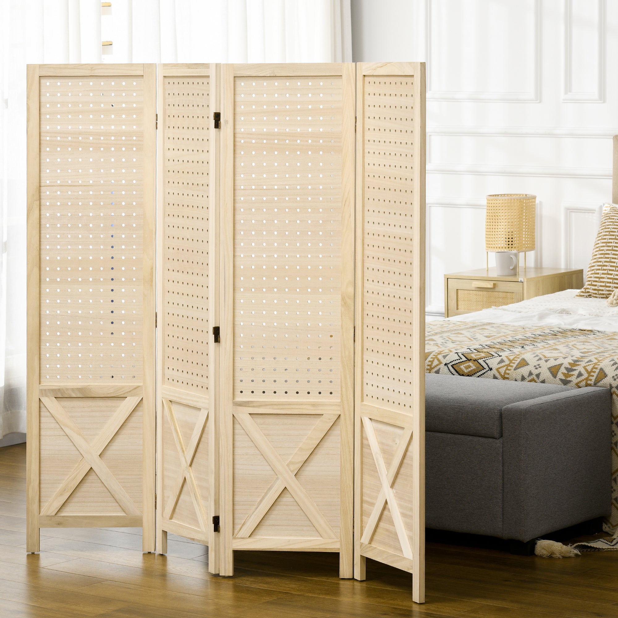 4 Panel Room Divider Screen 152x1.7x144.5 cm Folding Room Separator Wood Privacy Screen with Hanging Holes for Office Bedroom Living Room Natural