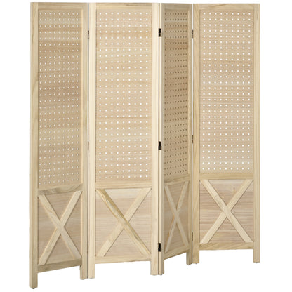 4 Panel Room Divider Screen 152x1.7x144.5 cm Folding Room Separator Wood Privacy Screen with Hanging Holes for Office Bedroom Living Room Natural