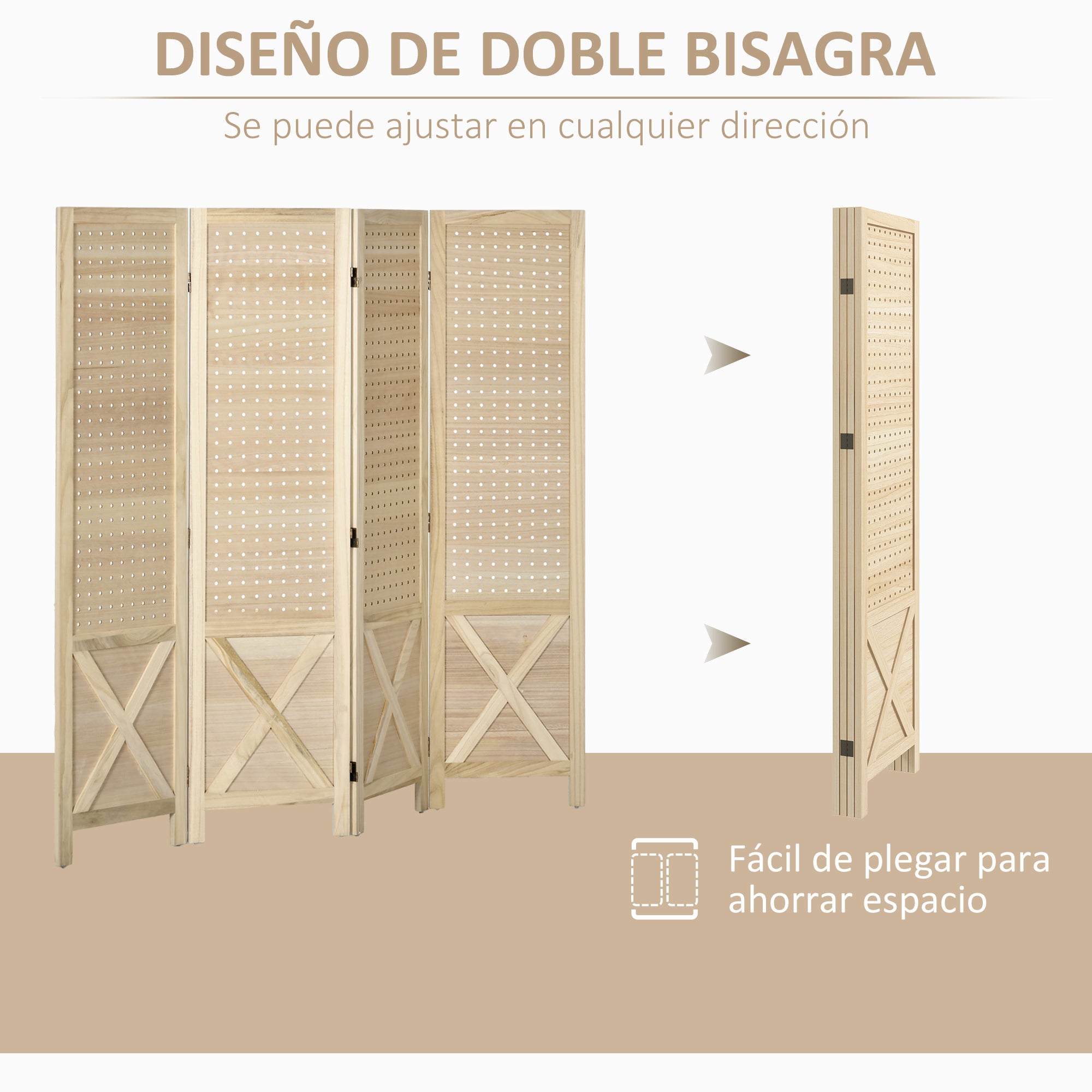 4 Panel Room Divider Screen 152x1.7x144.5 cm Folding Room Separator Wood Privacy Screen with Hanging Holes for Office Bedroom Living Room Natural