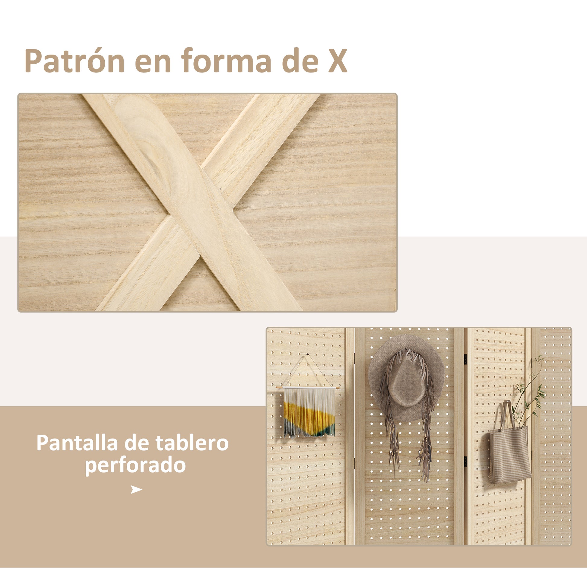 4 Panel Room Divider Screen 152x1.7x144.5 cm Folding Room Separator Wood Privacy Screen with Hanging Holes for Office Bedroom Living Room Natural