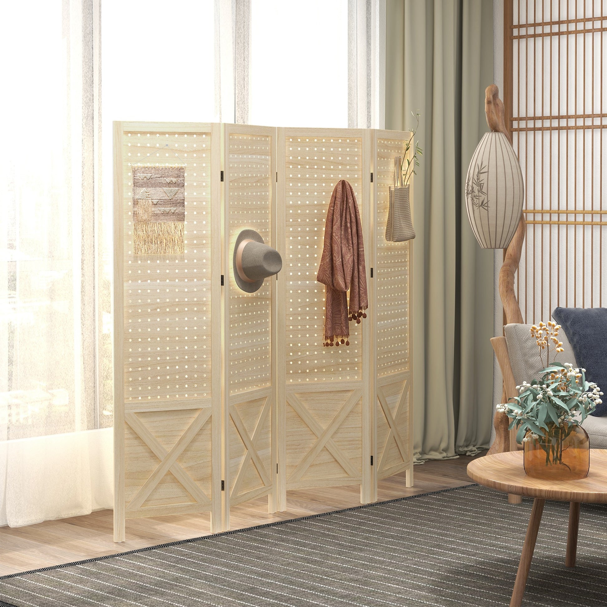 4 Panel Room Divider Screen 152x1.7x144.5 cm Folding Room Separator Wood Privacy Screen with Hanging Holes for Office Bedroom Living Room Natural