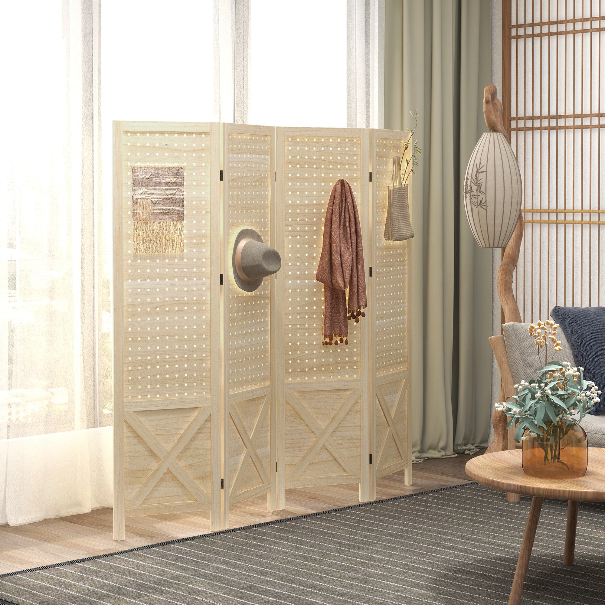 4 Panel Room Divider Screen 152x1.7x144.5 cm Folding Room Separator Wood Privacy Screen with Hanging Holes for Office Bedroom Living Room Natural