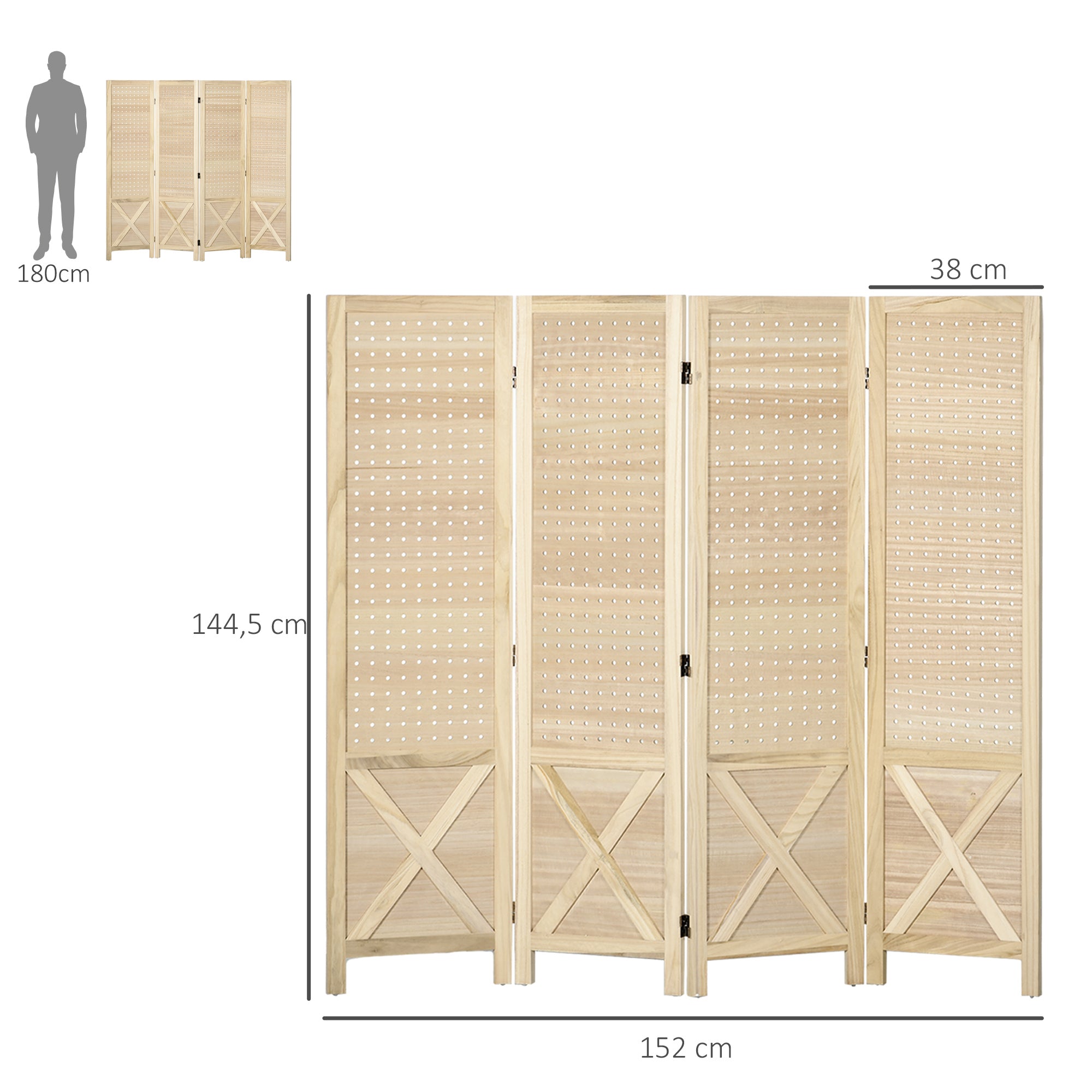 4 Panel Room Divider Screen 152x1.7x144.5 cm Folding Room Separator Wood Privacy Screen with Hanging Holes for Office Bedroom Living Room Natural