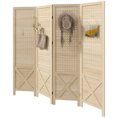 4 Panel Room Divider Screen 152x1.7x144.5 cm Folding Room Separator Wood Privacy Screen with Hanging Holes for Office Bedroom Living Room Natural