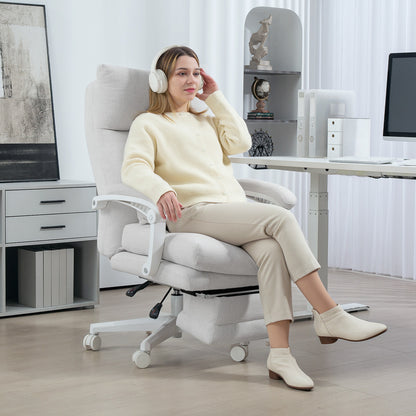 Office Chair Ergonomic Desk Chair with Lumbar Support, High Backrest, Footrest, Height Adjustable Swivel Chair with Linen Look, Padded Computer Chair, Cream White