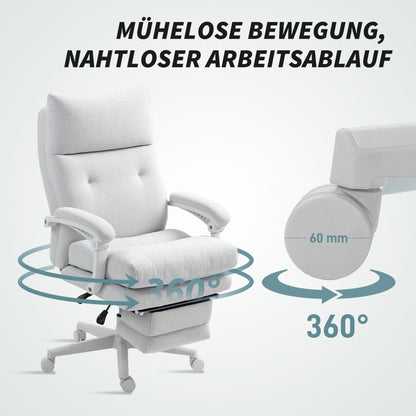 Office Chair Ergonomic Desk Chair with Lumbar Support, High Backrest, Footrest, Height Adjustable Swivel Chair with Linen Look, Padded Computer Chair, Cream White