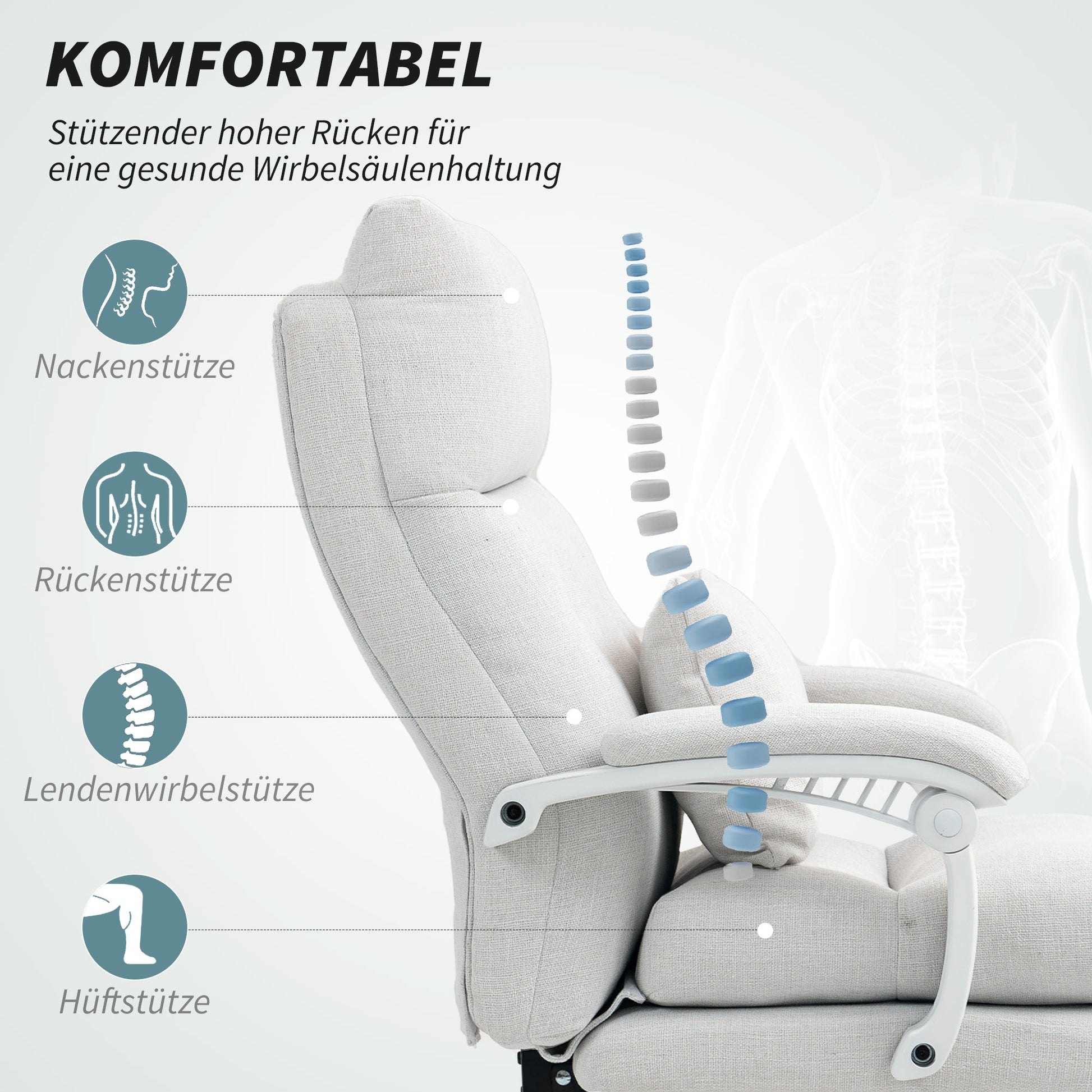Office Chair Ergonomic Desk Chair with Lumbar Support, High Backrest, Footrest, Height Adjustable Swivel Chair with Linen Look, Padded Computer Chair, Cream White