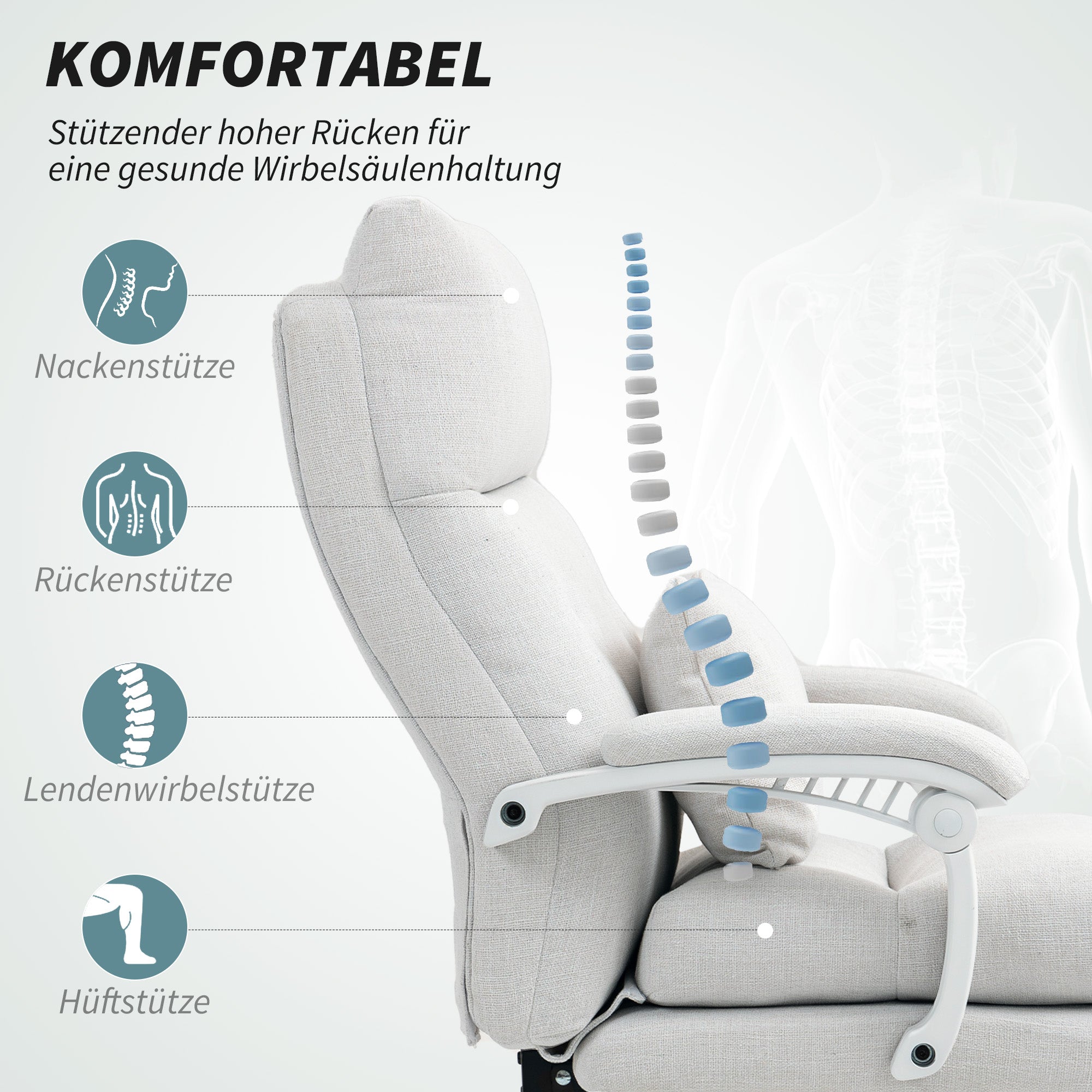 Office Chair Ergonomic Desk Chair with Lumbar Support, High Backrest, Footrest, Height Adjustable Swivel Chair with Linen Look, Padded Computer Chair, Cream White