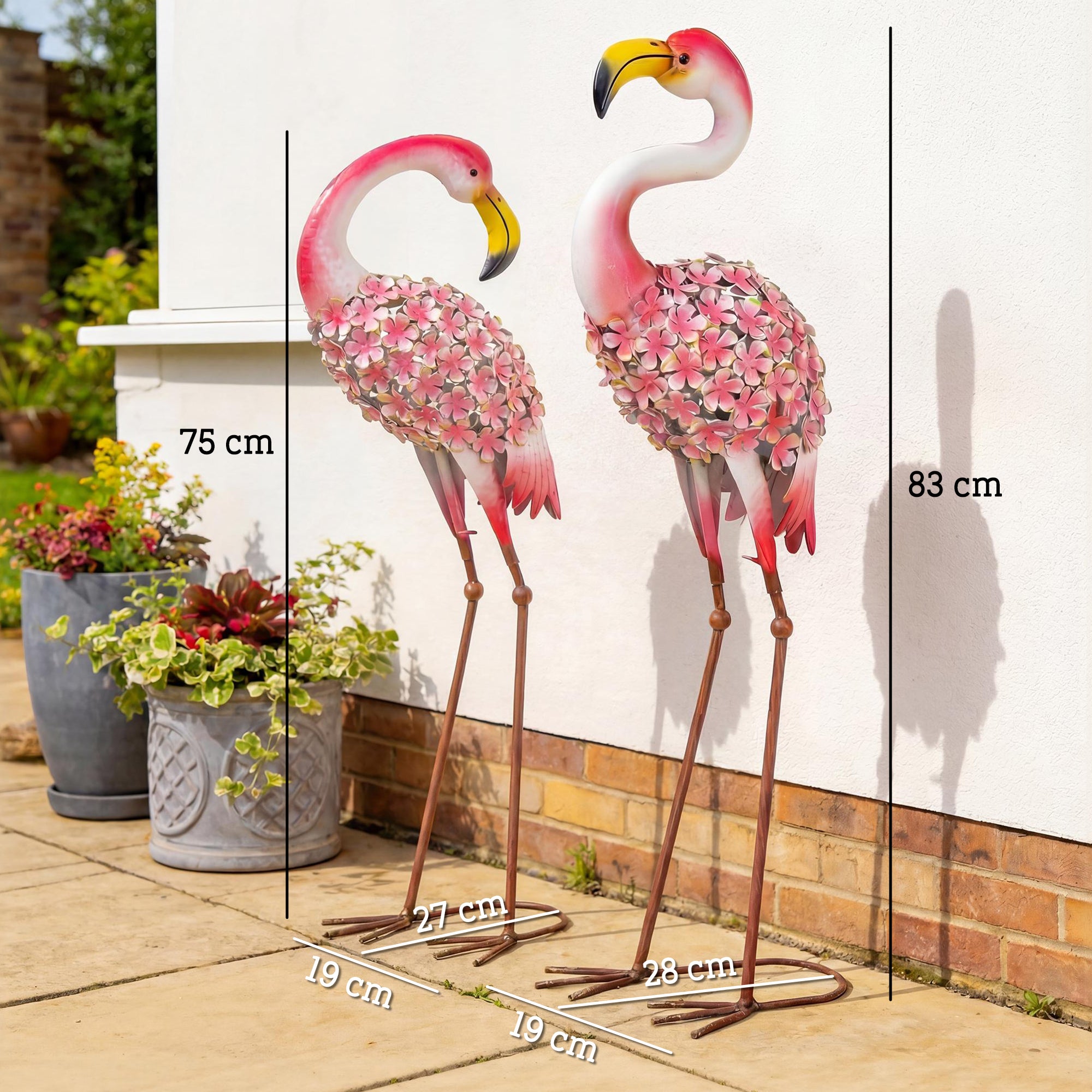 Flamingo Garden Statues Set of 2 — Metal Floral-Feather Birds with U-Stakes, Lawn & Pond Decorations, Red