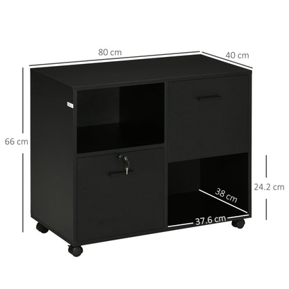 Office Drawer Unit with 2 Document Drawers and Open Shelves in Chipboard, Steel Handles, Lockable Wheels, 80x40x66cm, Black