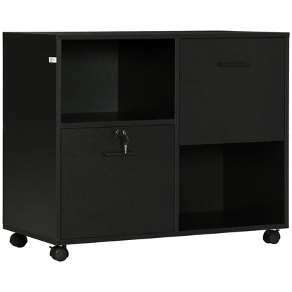 Office Drawer Unit with 2 Document Drawers and Open Shelves in Chipboard, Steel Handles, Lockable Wheels, 80x40x66cm, Black