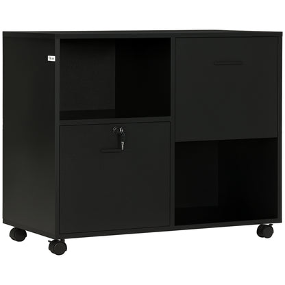 Office Drawer Unit with 2 Document Drawers and Open Shelves in Chipboard, Steel Handles, Lockable Wheels, 80x40x66cm, Black