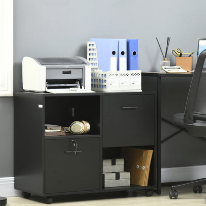 Office Drawer Unit with 2 Document Drawers and Open Shelves in Chipboard, Steel Handles, Lockable Wheels, 80x40x66cm, Black