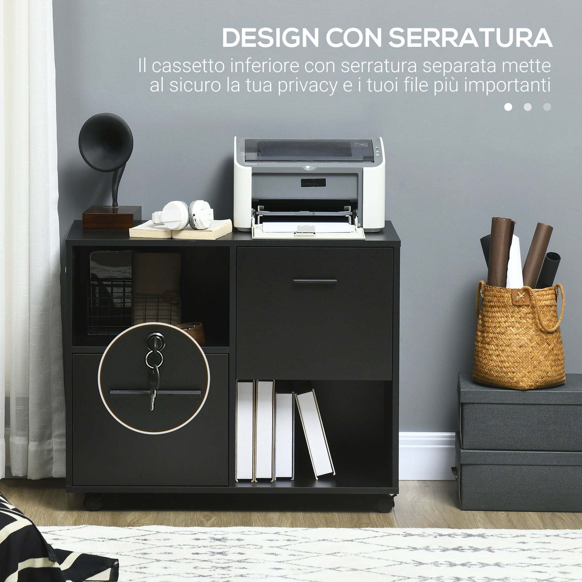 Office Drawer Unit with 2 Document Drawers and Open Shelves in Chipboard, Steel Handles, Lockable Wheels, 80x40x66cm, Black