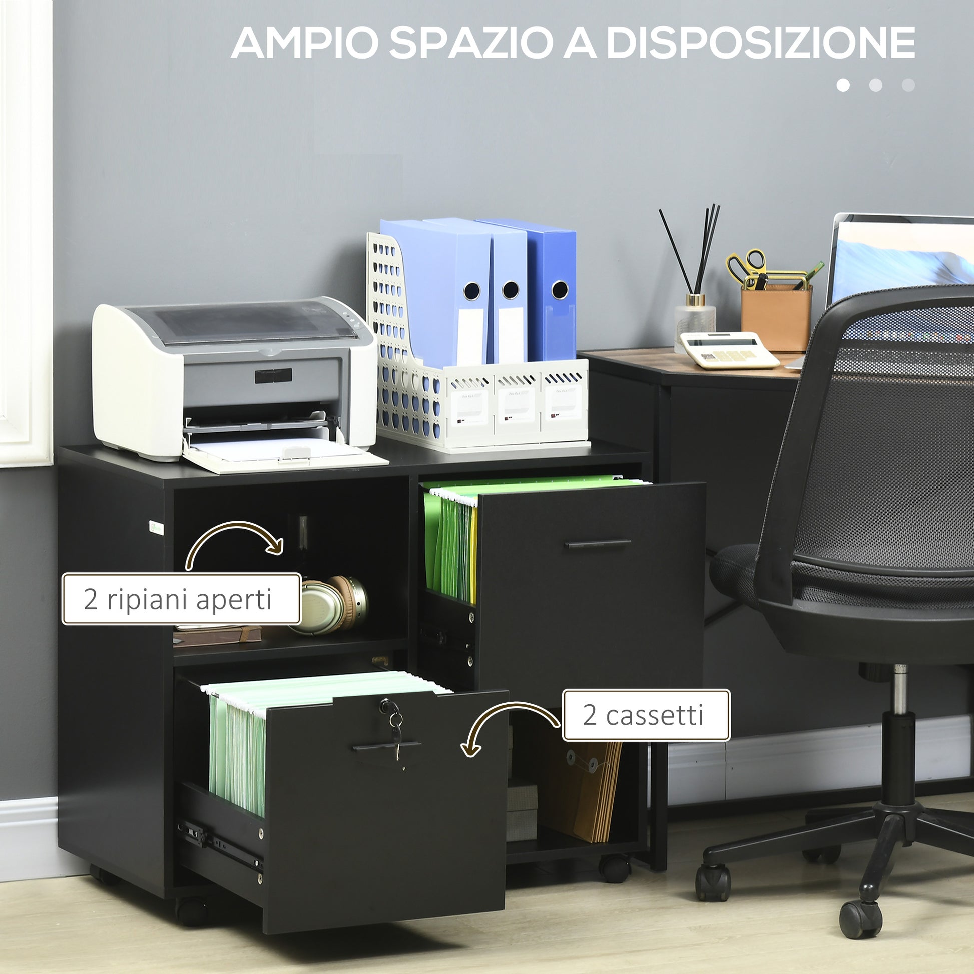 Office Drawer Unit with 2 Document Drawers and Open Shelves in Chipboard, Steel Handles, Lockable Wheels, 80x40x66cm, Black