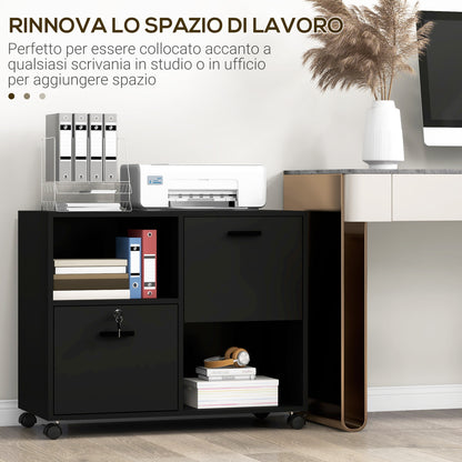 Office Drawer Unit with 2 Document Drawers and Open Shelves in Chipboard, Steel Handles, Lockable Wheels, 80x40x66cm, Black