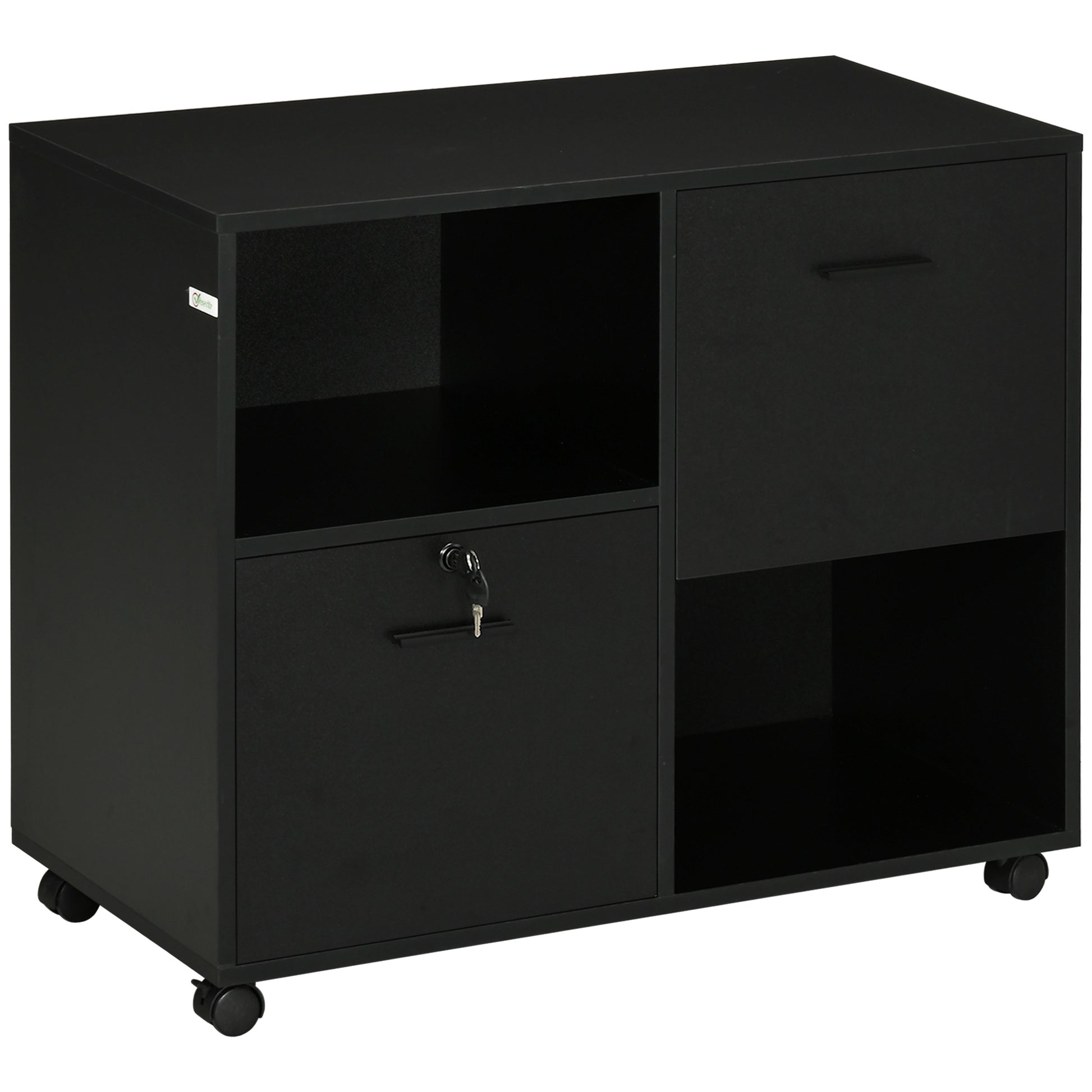 Office Drawer Unit with 2 Document Drawers and Open Shelves in Chipboard, Steel Handles, Lockable Wheels, 80x40x66cm, Black
