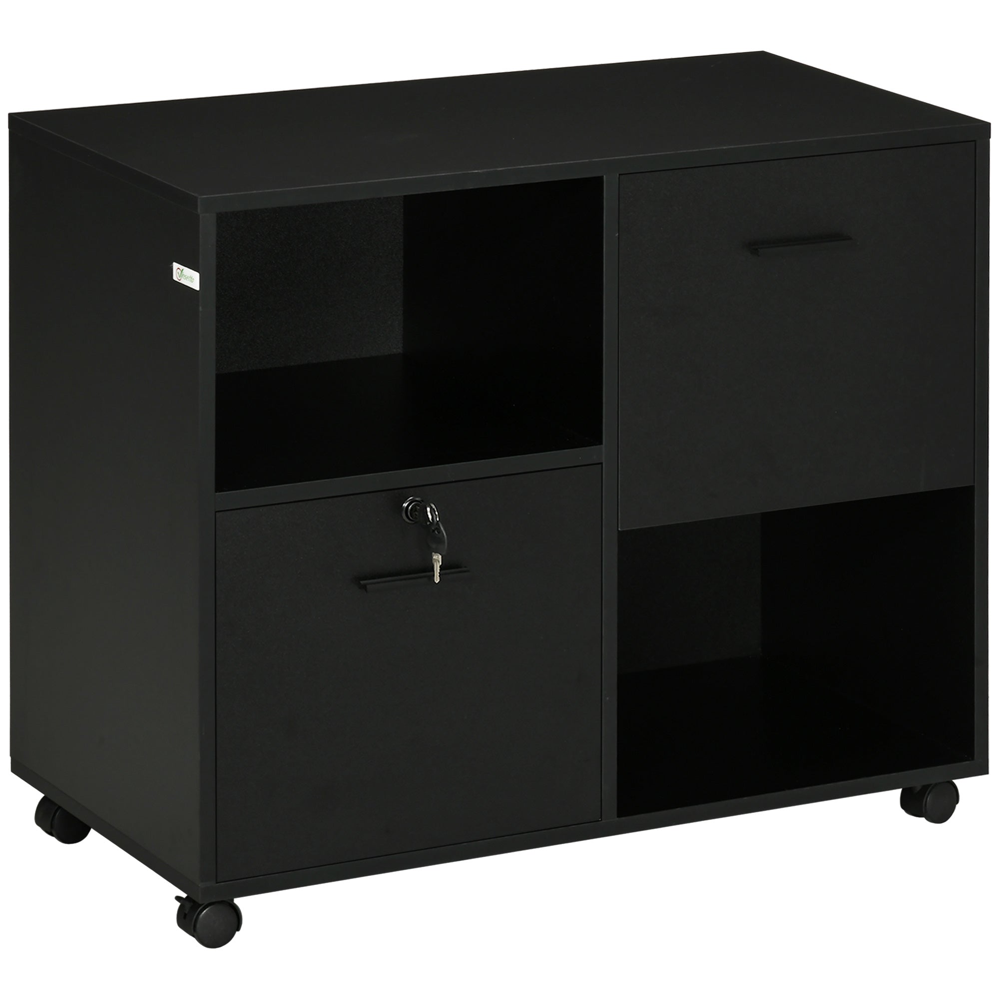 Office Drawer Unit with 2 Document Drawers and Open Shelves in Chipboard, Steel Handles, Lockable Wheels, 80x40x66cm, Black