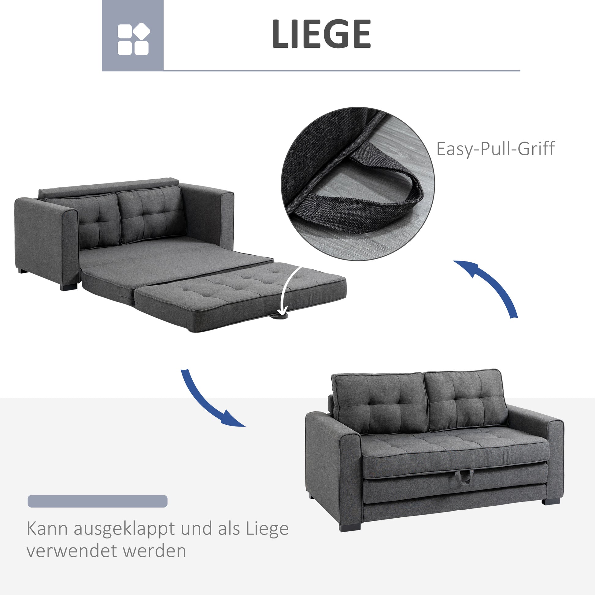 Sleeper Sofa Fold-out Sofa 2-Seater Fabric Sofa Bed Sofa with Sleeping Function Sofa Set Linen-Touch Rubberwood Gray 147.5 x 75 x 85 cm